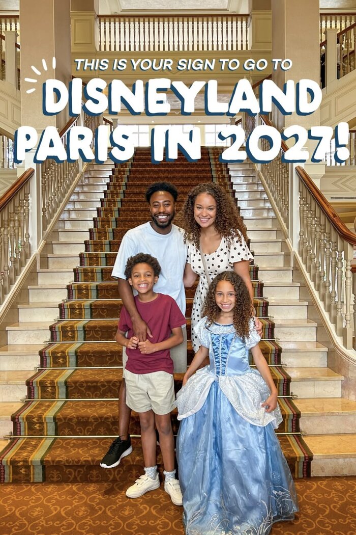 Model family on staircase at Disneyland