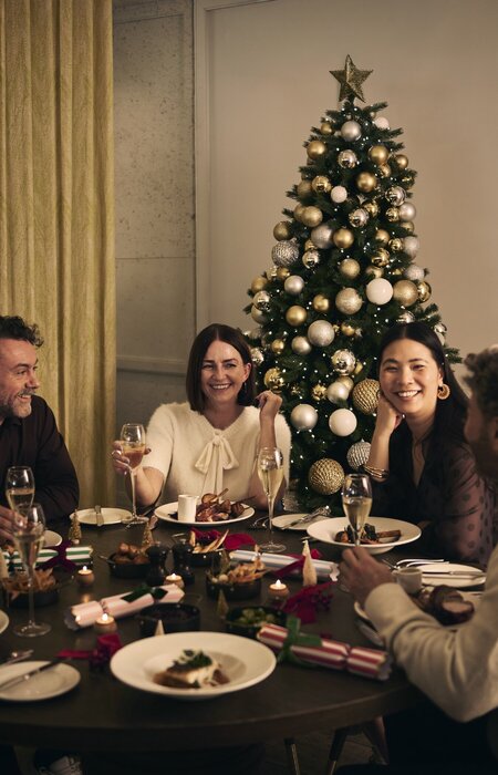 Group of models at Christmas dinner table