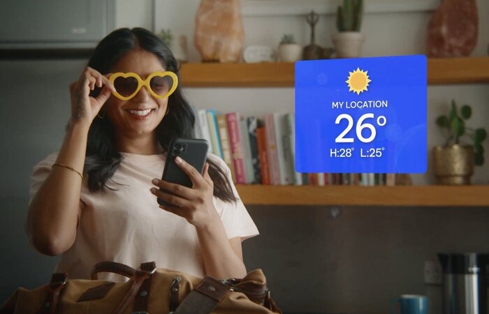 Model smiling with yellow heart glasses on