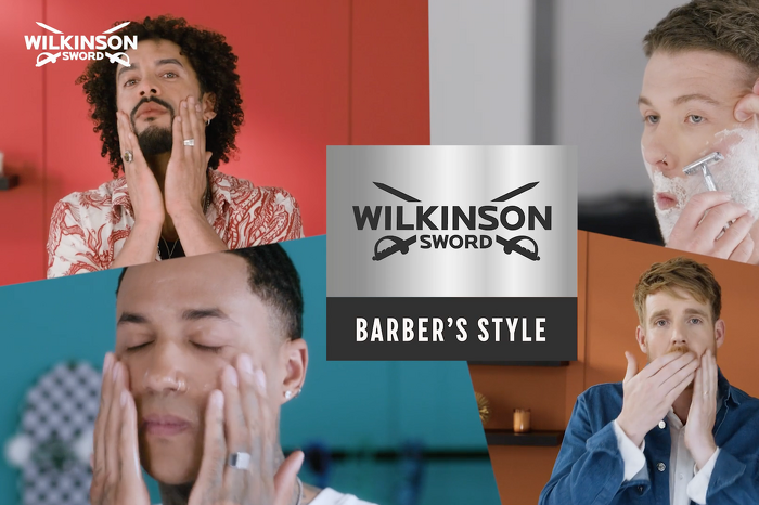 Four male models demonstrating shaving