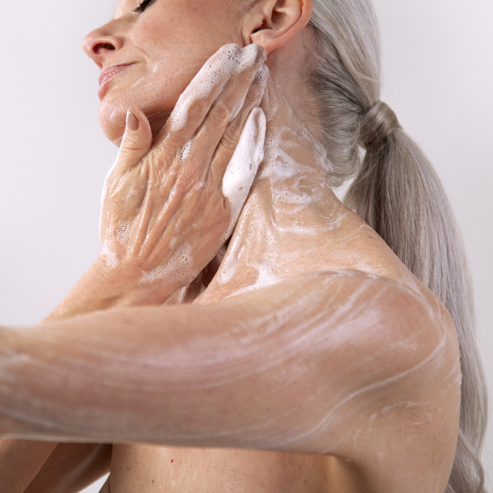 Classic model with lather on neck and shoulders